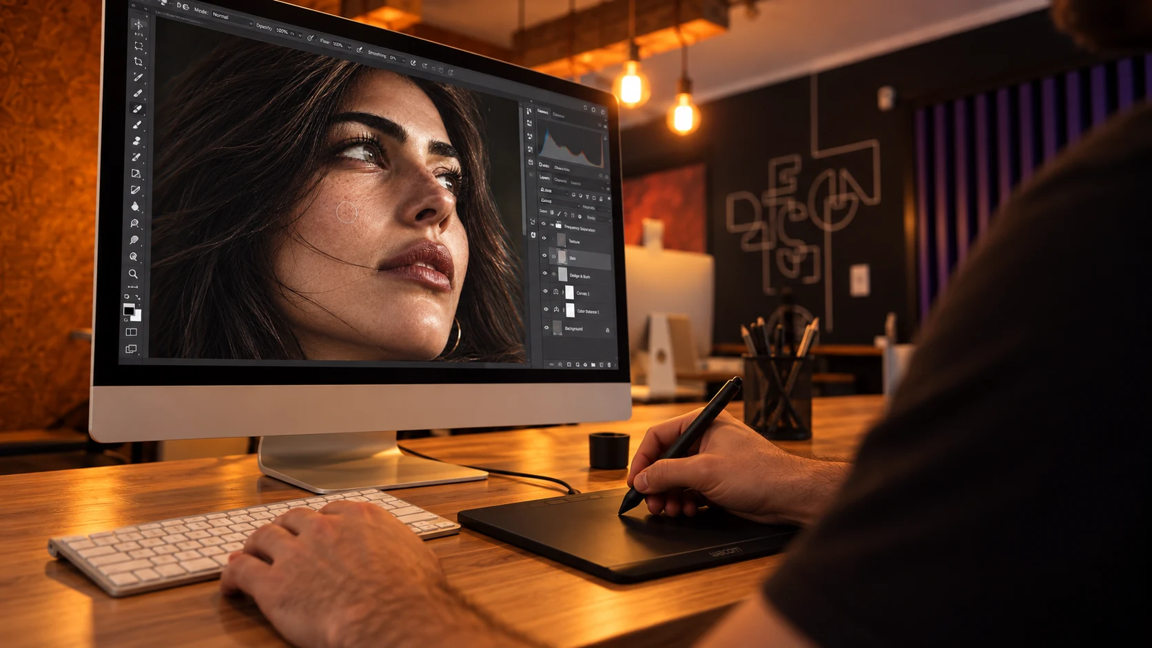 Designer da Narro tratando uma imagem no computador, com mesa digitalizadora, na sala de criação